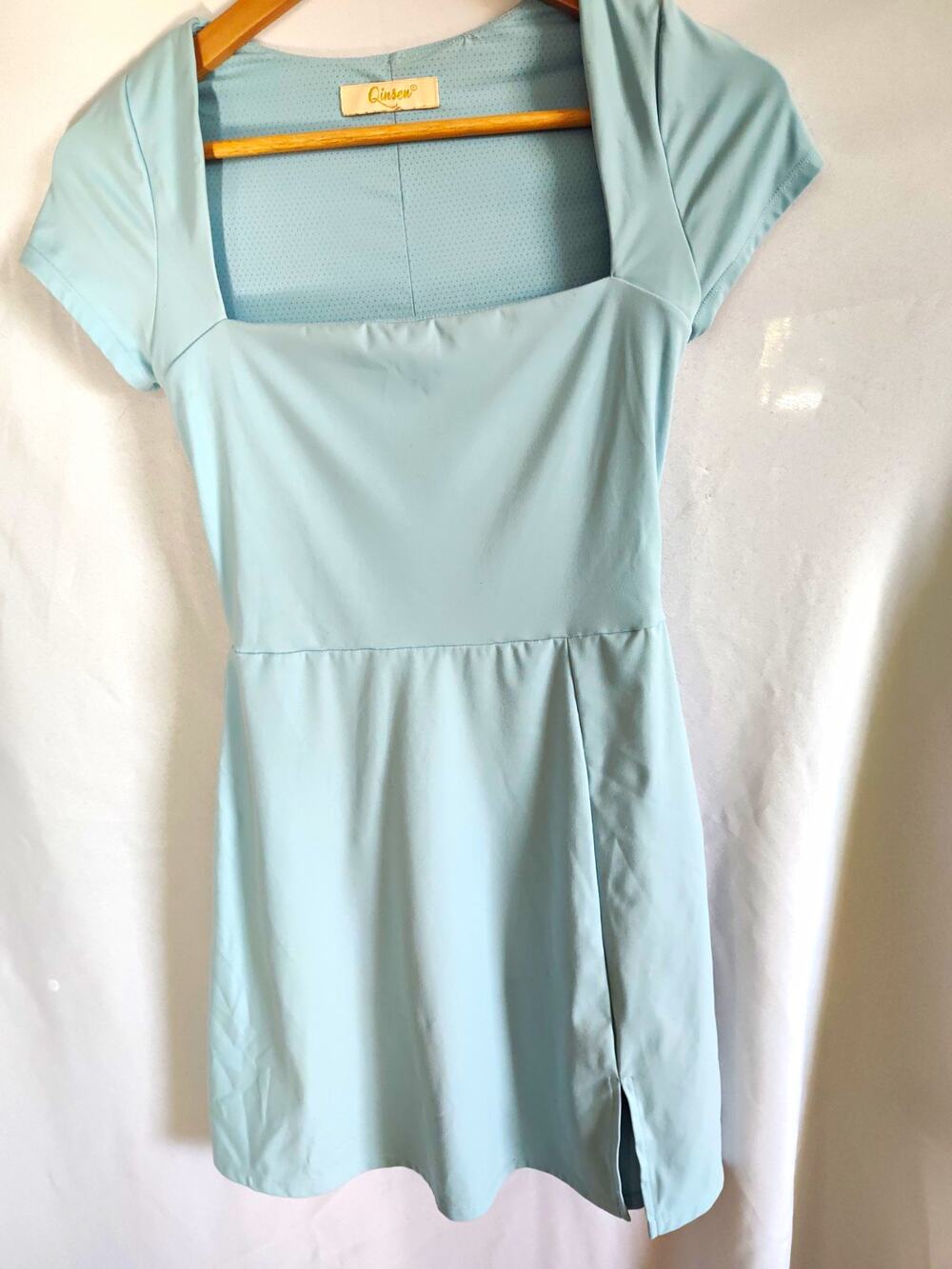 Qinsen Solid Blue Square Neck Short Sleeve Mini A-Line Dress Side Slit Size S